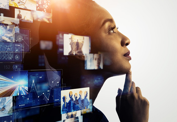 A woman captivated by digital visual communication
