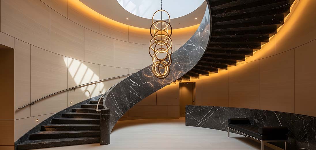 interior-decoration-banner_1096x519.jpg (Grand modern spiral staircase in a luxurious architectural interior, beautifully lit by cove lighting and a statement chandelier under a bright skylight)