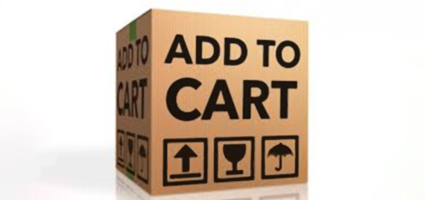 Een kartonnen doos bedrukt met ‘add to cart’