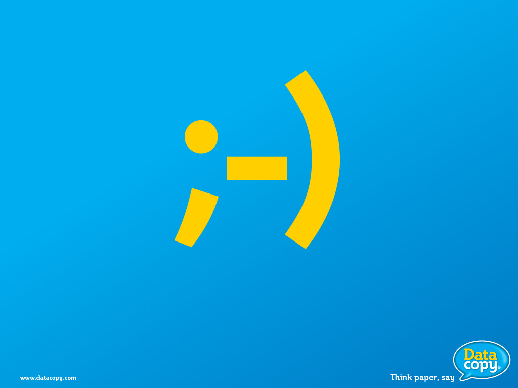 Emoticône clin d'oeil jaune sur fond bleu avec logo Data Copy 