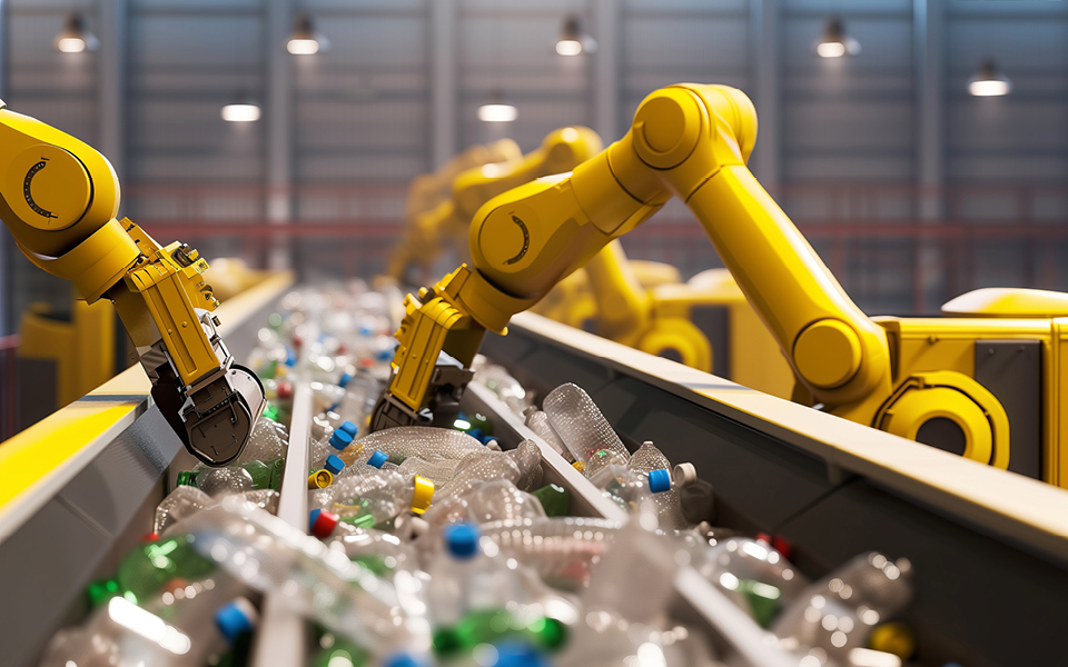Kunstmatige intelligentie bestuurt de robotarmen om afval te sorteren.