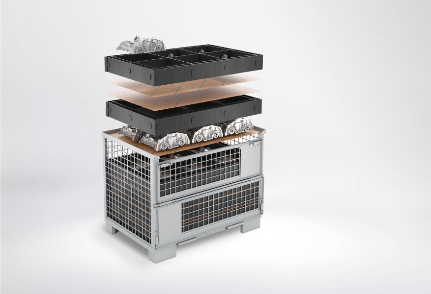 Opened bespoke packaging for a technical product, including a protective component and cardboard box.