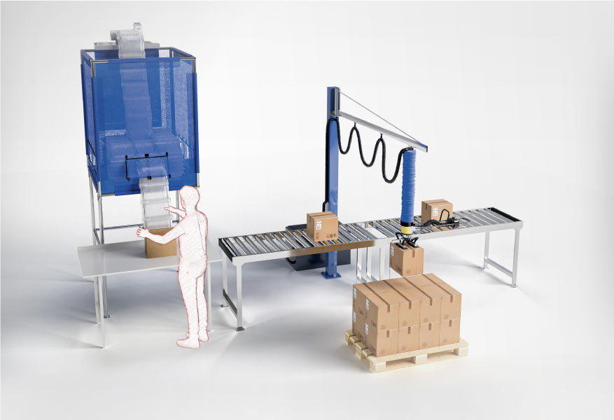 Packaging supply chain line with machines, workstation and a packaging box.)