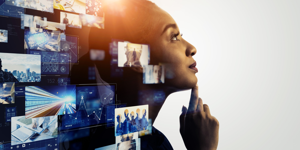 a woman captivated by digital visual communication