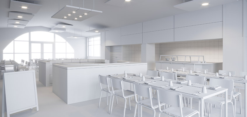 Projets 3D sur une maquette en blanc - Cantine