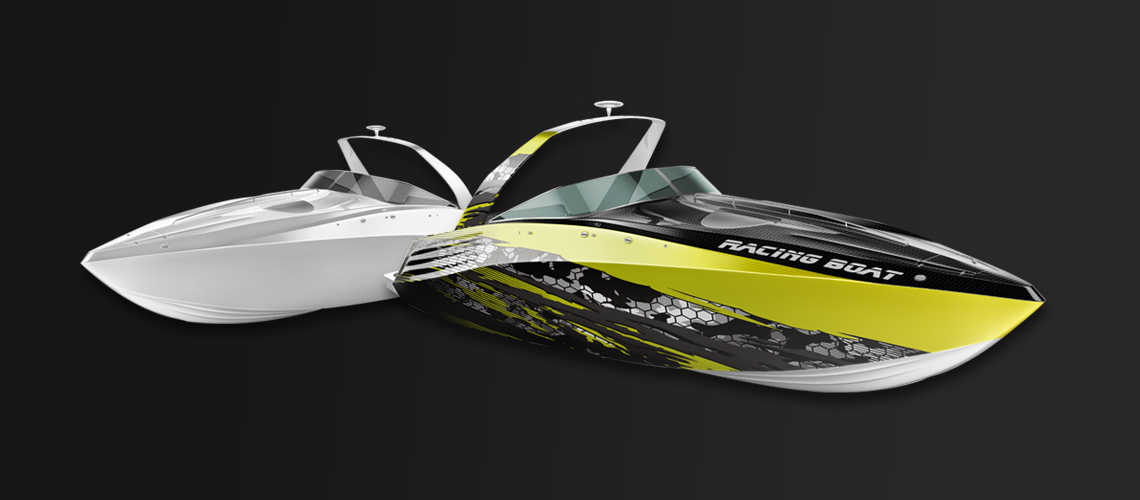 Bateau de vitesse blanc habillé avec films vinyles imprimés noir/jaune
