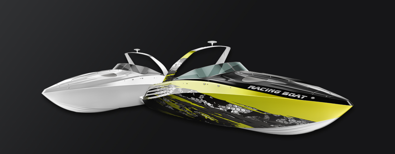 Bateau de vitesse blanc habillé avec films vinyles imprimés noir/jaune