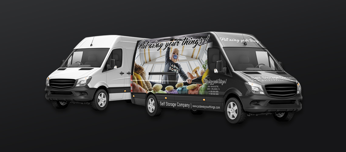 Camionnette blanche transformée en camionette noire après habillage avec film vinyle imprimé représentant un enfant avec des peluches