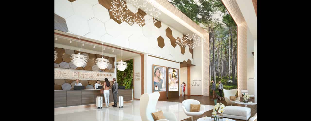 APRES Réception d'un hôtel de luxe avec une décoration d'intérieur évoquant la nature, à savoir illustration d'une forêt et teintes naturelles blanc, gris et brun.