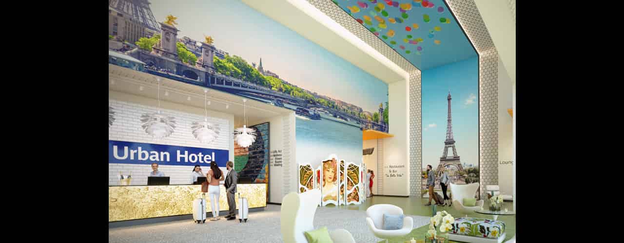 APRES Réception d'un hôtel de luxe avec une décoration d'intérieur urbaine évoquant la ville de Paris et sa tour Eiffel.