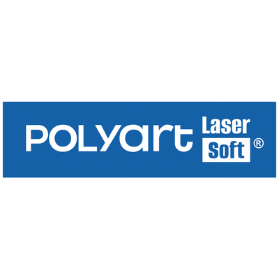 Logo du produit Polyart Laser Soft en blanc sur un rectangle bleu