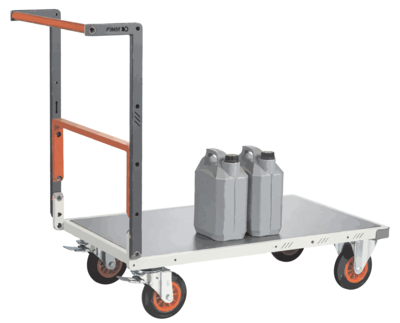 Chariot FIMM flat-pack, dossier repliable, plateau tôle 850 x 500 mm, roues caoutchouc 400 kg
