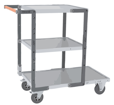 Servante FIMM flat-pack 3 plx tôle 1 pl. 850 x 500 mm et 2 plx 550 x 500 mm roues caoutchouc 250 kg