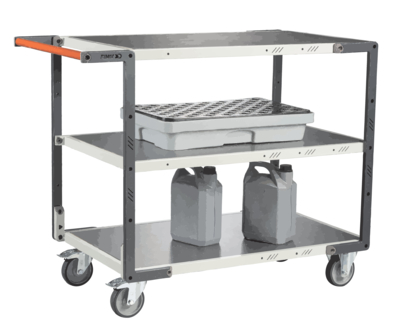 Servante FIMM flat-pack 3 plateaux tôle, 850 x 500 mm, roues TPE, 250 kg