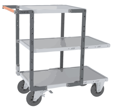 Servante FIMM flat-pack 3 plx tôle 2 plx 850 x 500 mm et 1 pl. 550 x 500 mm roues caoutchouc 400 kg