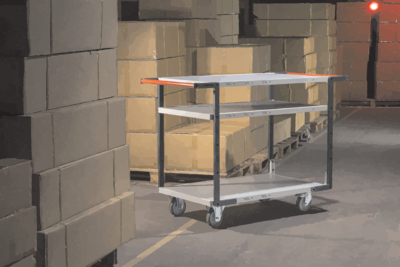 Servante FIMM flat-pack 3 plateaux mélaminé double poignées 1000 x 600 mm roues TPE 250 kg