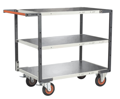 Servante FIMM flat-pack 3 plateaux tôle, 1000 x 600 mm, roues caoutchouc, 400 kg