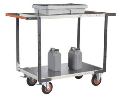 Servante FIMM flat-pack 2 plateaux tôle double poignées 1000 x 600 mm roues caoutchouc 400 kg