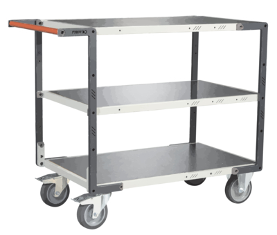 Servante FIMM flat-pack 3 plateaux tôle, 1000 x 600 mm, roues TPE, 400 kg