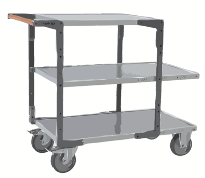 Servante FIMM flat-pack 3 plx tôle, 2 plx 1000 x 600 mm et 1 pl. 700 x 600 mm roues TPE 400 kg