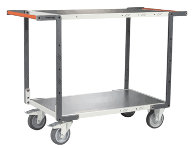 Servante FIMM flat-pack 2 plateaux tôle double poignée 1000 x 600 mm, roues TPE 400 kg