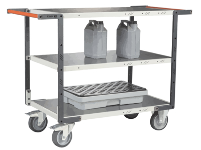 Servante FIMM flat-pack 3 plateaux tôle double poignée 1000 x 600 mm roues TPE 400 kg