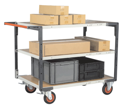 Servante FIMM flat-pack 3 plateaux médium, 1200 x 800 mm, roues caoutchouc, 400 kg