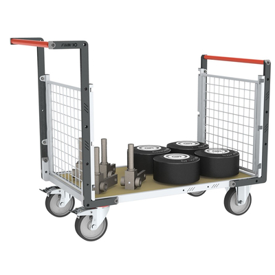 Chariot modulaire grillagé 2 dossiers, plateau bois 1000 x 600 mm, roues rectangle 500 kg, FIMM