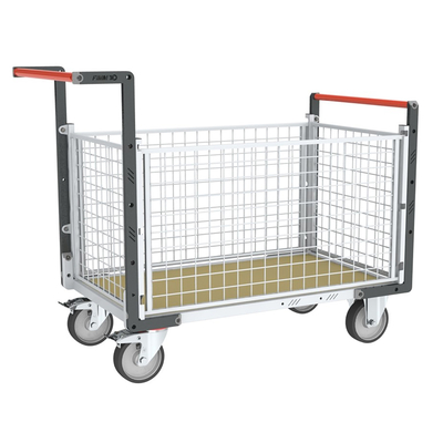 Chariot modulaire grillagé 2 dossiers+ 2 ridelles, plateau bois 1000x600, roues rectangle 500kg FIMM
