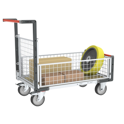 Chariot modulaire grillagé 3 demi-ridelles, plateau bois 1000x600mm, roues rectangle 500kg FIMM