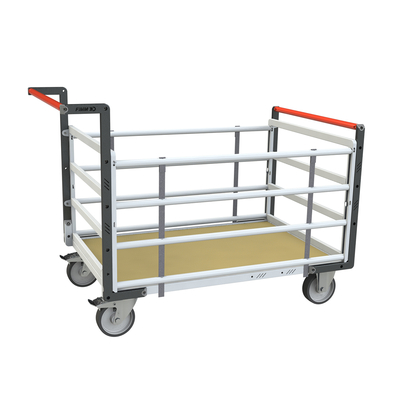 Chariot modulaire tube 2 dossiers + 2 ridelles, plateau bois 1200x800 mm, roues rectangle 500kg FIMM