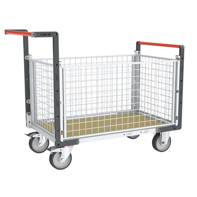 Chariot modulaire grillagé 2 dos. + 2 ridelles plateau bois 1200x800mm, roues rectangle 500kg FIMM
