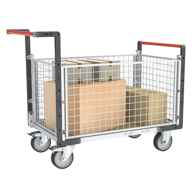 Chariot modulaire grillagé 2 dos. + 2 ridelles plateau bois 1200x800mm, roues rectangle 500kg FIMM