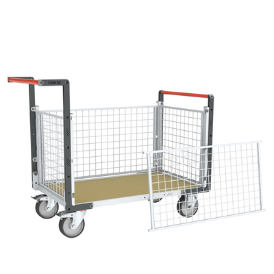 Chariot modulaire grillagé 2 dos. + 2 ridelles plateau bois 1200x800mm, roues rectangle 500kg FIMM